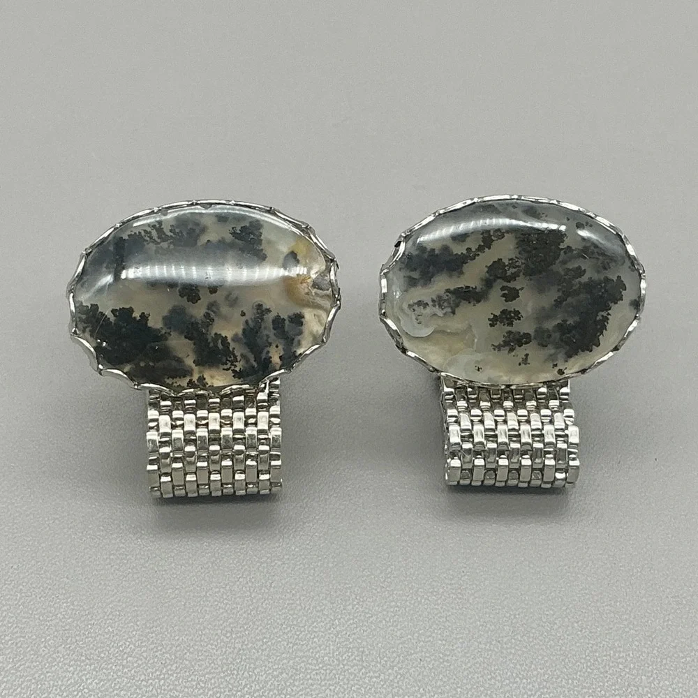 Dendritic Agate Cufflinks Men's Silver Tone Mesh Wrap Around Stone Vintage Style